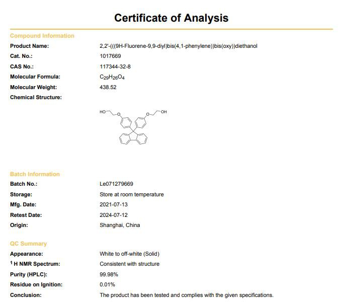 Bisphenoxyethanolfluorene COA | Shaanxi BLOOM Tech Co., Ltd Bisphenoxyethanolfluorene COA | Shaanxi BLOOM Tech Co., Ltd