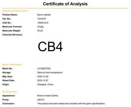 Boron carbide COA | Shaanxi BLOOM Tech Co., Ltd Boron carbide COA | Shaanxi BLOOM Tech Co., Ltd