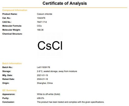 CAS 7647-17-8 Cesium Chloride COA | Shaanxi BLOOM Tech Co., Ltd CAS 7647-17-8 Cesium Chloride COA | Shaanxi BLOOM Tech Co., Ltd