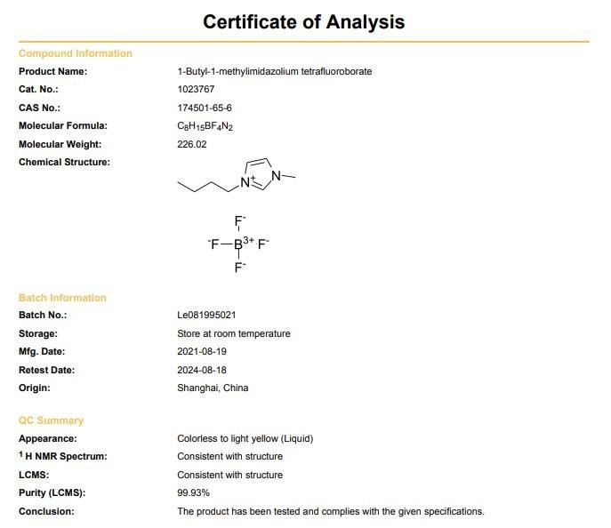 1-Butyl-3-Methylimidazolium Tetrafluoroborate CAS 174501-65-6